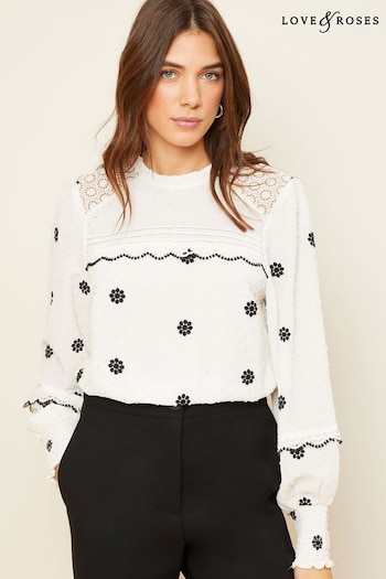 Love & Roses Ivory White Embroidery Petite High Neck Lace Trim Long Sleeve Blouse (K65766) | £39