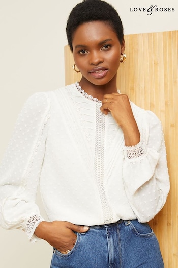 Gifts £20 & Under Ivory White Petite High Neck Lace Trim Long Sleeve Blouse (K65767) | £39