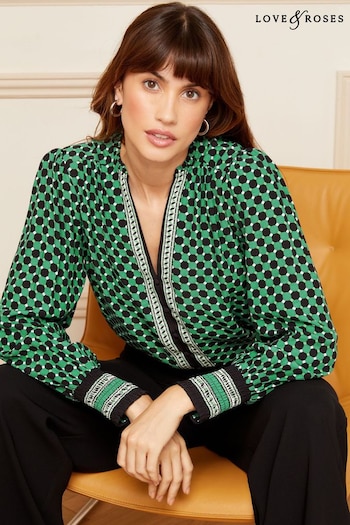 All Food & Drink Green Geo V Neck Long Sleeve Over The Head Blouse (K65769) | £36