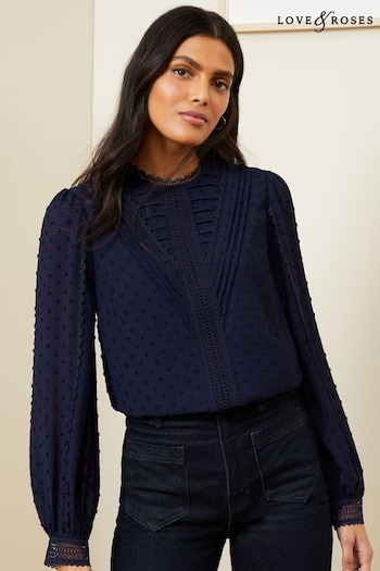 Love & Roses Navy Blue High Neck Lace Trim Long Sleeve Blouse (K65773) | £39