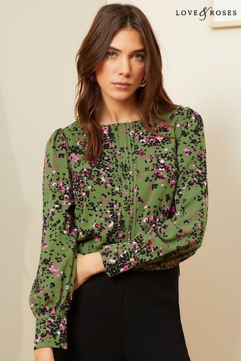 Love & Roses Khaki Green Animal Long Sleeve Blouse With Central Pintuck Details (K65777) | £32