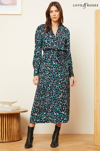 Love & Roses Blue Animal Petite Printed V Neck Belted Shirt Dress (K65779) | £58
