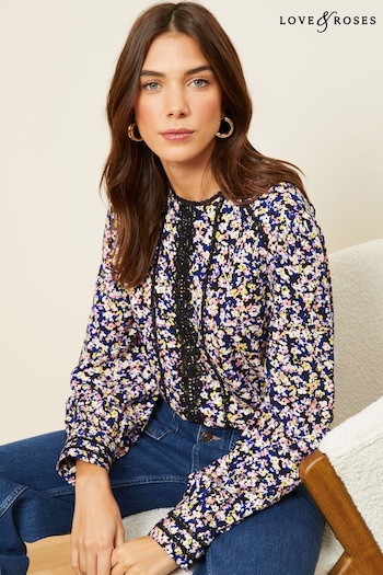 Love & Roses Navy Blue Ditsy Petite Printed Crew Neck Lace Trim Long Sleeve Blouse (K65782) | £38