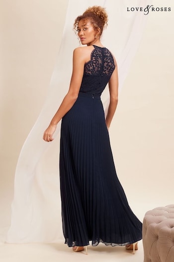 Love & Roses Navy Blue Pleated Lace Insert Bridesmaid Maxi Dress (K65786) | £90