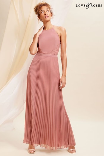 A-Z Mens Sports Brands Pink Pleated Lace Insert Bridesmaid Maxi Dress (K65788) | £90