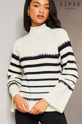 Lipsy Navy Blue Striped High Neck Wide Sleeve Knitted Jumper (K65798) | £46