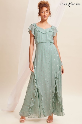 All Womens New In Green Metallic Ruffle Detail Tie Back Maxi Dress (K65812) | £85