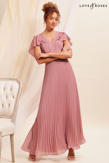Love & Roses Rose Pink Ruffle Cape Detail Lace Trim Pleated Maxi Bridesmaid Dress (K65813) | £95