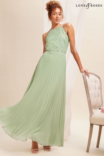 Beauty & Grooming Sage Green Pleated Lace Insert Bridesmaid Maxi Dress (K65814) | £95