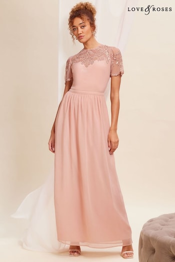 Love & Roses Pink Embellished Yoke Chiffon Maxi Bridesmaid Dress (K65821) | £135