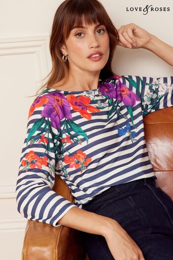 Love & Roses Navy Blue Stripe Floral 3/4 Sleeve Boat Neck T-Shirt (K65831) | £29