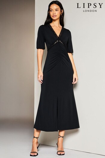 Lipsy Black Jersey Short Sleeve Lace Underbust Midi Dress (K65839) | £48