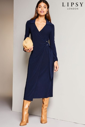 Lipsy Blue Jersey Wrap V Neck Ruched Hardware Midi Shirt Dress (K65843) | £55