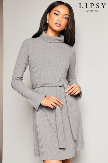 Lipsy Grey Roll Neck Belted Shift Cosy Mini Dress (K65855) | £39