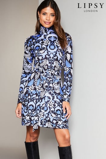 Lipsy Blue Jersey Tie Waist High Neck Long Sleeve Shift Mini Dress (K65857) | £38