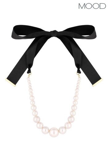 Mood Silver Cream Pearl Black Ribbon Necklace (K65869) | £20