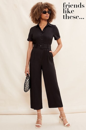 All Custom Sofas Black Petite Short Sleeve Belted Utility Tailored Jumpsuit (K65909) | £56