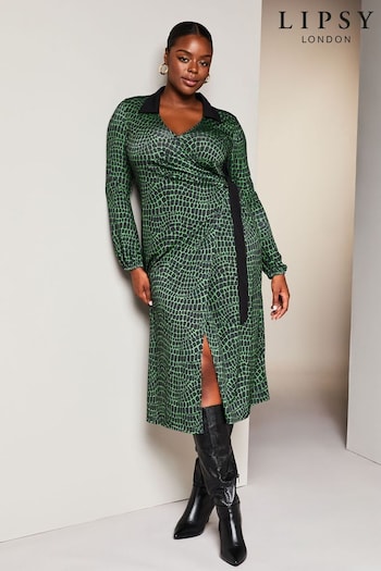 Lipsy Green Curve Jersey Wrap V Neck Ruched Hardware Midi Shirt Dress (K65915) | £52