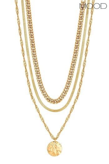 Mood Brown Recycled Gold Textured Layered Chain Necklace - Pack of 3 (K65961) | £20