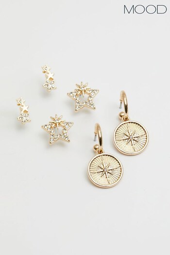 Mood Brown Recycled Gold Textured Medallion Huggie Hoop Earrings - Pack of 3 (K66038) | £17