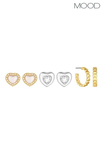 Mood Brown Two Tone Crystal And Pearl Heart Stud Earrings - Pack of 3 (K66052) | £17