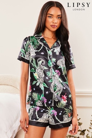 Lipsy Black Tigerlily Petite Satin Short Sleeve Shorts Pyjamas (K66216) | £34