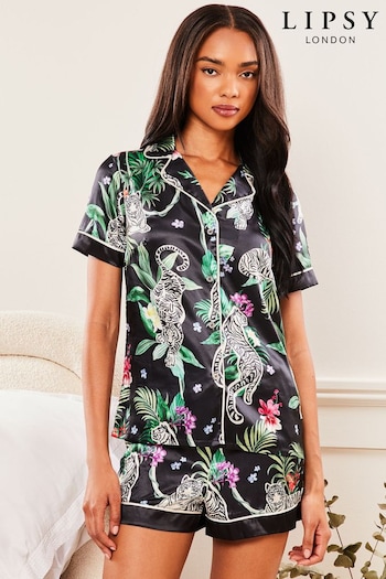 Lipsy Black Tigerlily Satin Short Sleeve Shorts Pyjamas (K66218) | £35