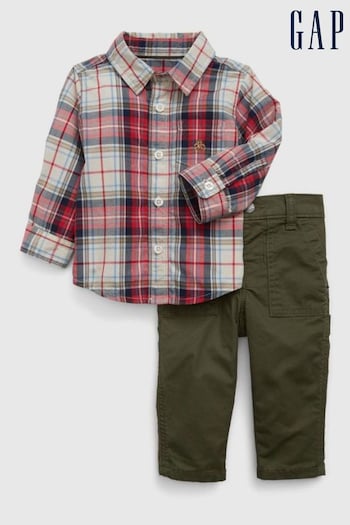 Gap Red Utility Long Sleeve Shirt Langarm-T-Shirt Baby Outfit Set (K66300) | £35
