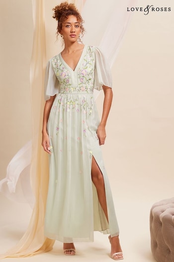 Organic Cotton Cropped Funnel Neck Pullover Green Embellished Chiffon Flutter Sleeve Maxi Dress (K66309) | £135