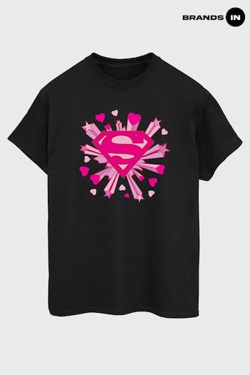 Brands In Black Superman Pink Hearts & Stars Logo Women Black Boyfriend Fit T-Shirt (K66848) | £23