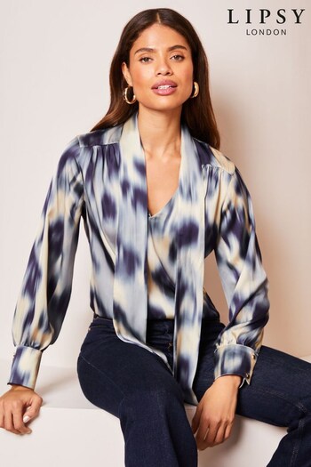 Lipsy Blue Blurred Print Pussybow Neck Long Sleeve Blouse (K66956) | £38
