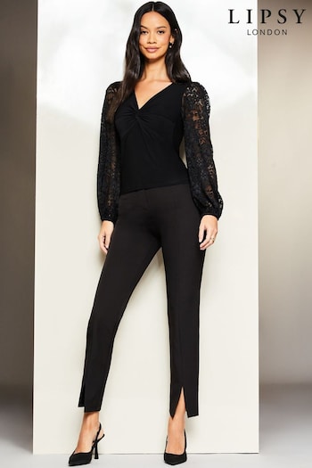 Lipsy Black Lace Hybrid Twist Front V Neck Top (K66973) | £34