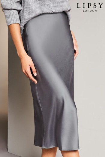 Lipsy Charcoal Grey Satin Bias Cut Midi Skirt (K67188) | £30