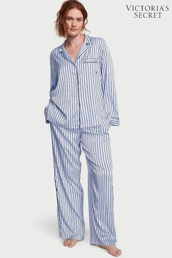 Victoria's Secret Blue Crescent Logo Stripe Satin Long Pyjamas (K67303) | £69