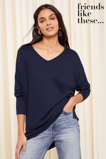 Padded & Quilted Coats Navy Blue Blue Soft Jersey V Neck Long Sleeve Tunic Top (K67472) | £22
