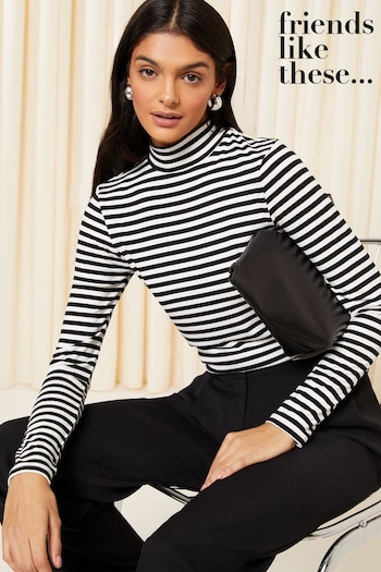 Beauty Top Picks Black White Stripe Long Sleeve Funnel Neck Top (K67478) | £16