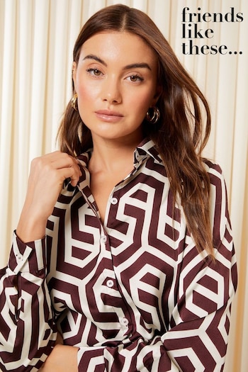 Friends Like These Burgundy Red Printed Long Sleeve Button Through Satin Shirt (K67480) | £33
