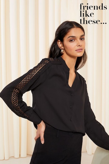 Friends Like These Black Crochet Trim Long Sleeve Grandad Collar Shirt (K67493) | £34