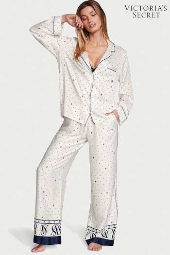 Victoria's Secret Coconut White Logo Satin Long Pyjamas (K67666) | £69
