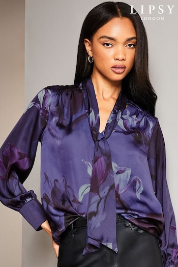 Lipsy Blue Floral Print Pussybow Neck Long Sleeve Blouse (K67763) | £38