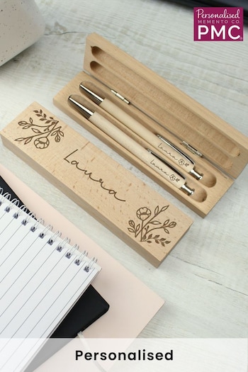 Personalised Floral Wooden Pen & Pencil Box Set by PMC (K67783) | £16