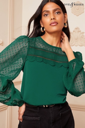 Love & Roses Forest Green Long Sleeve Dobby Mix Jersey Blouse (K67968) | £30