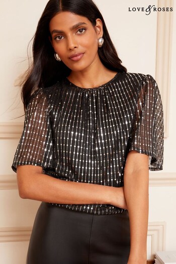 Thinking of You Black Metallic Foil Jersey Flutter Sleeve Tie Bow Back Top (K67971) | £35