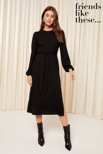 Friends Like These Black Soft Touch Knitted Belted Midi Dress (K67984) | £36