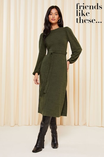 All Womens Sportswear Khaki Green Soft Touch Knitted Belted Midi Dress (K67986) | £36