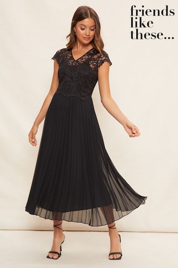 Friends Like These Black Petite V Neck Pleated Lace Midi Dress (K67996) | £82