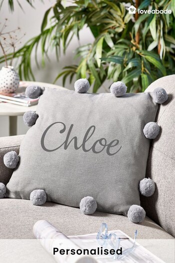 Personalised Grey PomPom Cushion by Love Abode (K68145) | £22