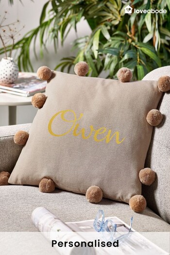 Personalised Beige/Taupe PomPom Cushion by Love Abode (K68146) | £22