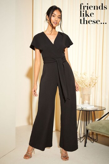 Tuxedos & Partywear Black Petite Short Sleeved Wrap Jumpsuit (K68156) | £42