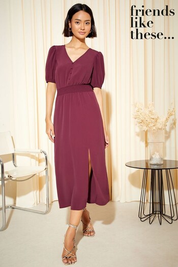 Short Sleeved Sets Berry Red Puff Sleeve Ruched Waist V Neck Midi Summer Dress (K68157) | £36